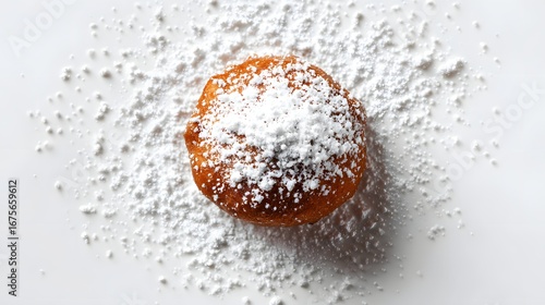 Top view single oliebol centered on white background with powdered sugar.