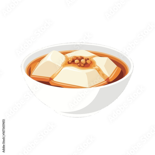 Creamy, off-white tofu cubes sit in a light-colored bowl, bathed in a warm, amber sauce.