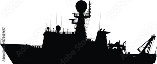 Silhouette of a large research or military vessel with radar and crane boat ship