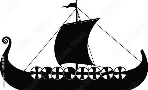 Black silhouette of a Viking longship with a sail and shields on a white background