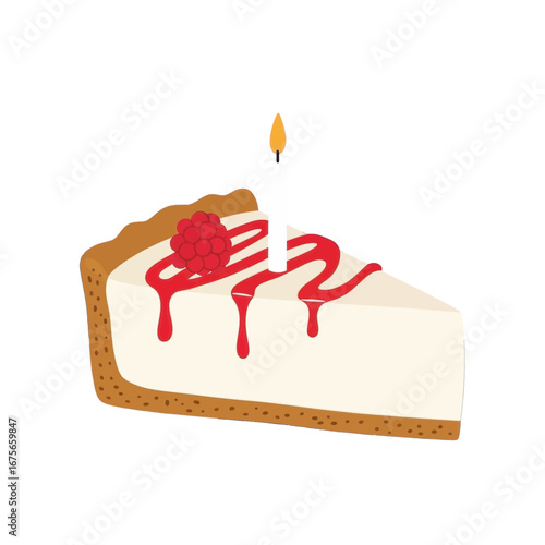 A slice of celebratory cheesecake, adorned with a single candle and fresh raspberries, drizzled with a sweet red topping, highlighted against a bold black background.