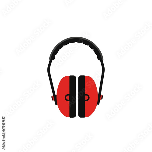 A simple, flat design illustration of red earmuffs against a black background.