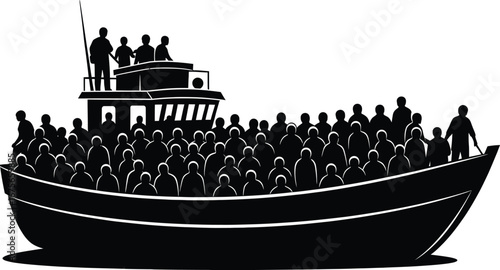 Silhouette of a crowded boat filled with people on a white background transportation