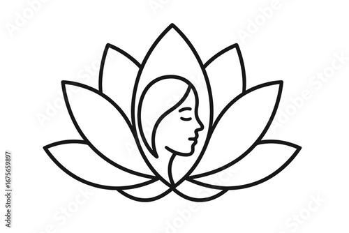 Woman face profile in a lotus flower logo. Linear vector icon for a beauty spa, salon, or cosmetics. Symbol of harmony, wellness, yoga, health, and natural skin care.