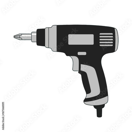 A simple, outlined illustration of a cordless electric drill against a stark black background.