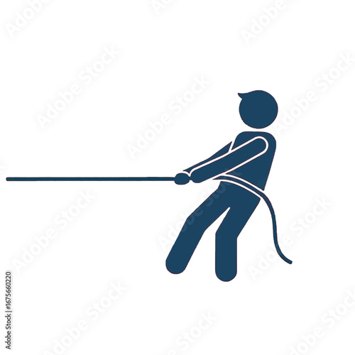 A simple graphic illustration of a person pulling a rope, displaying exertion and effort.