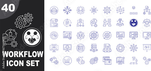 40 blue line icons illustrating workflow and process management, including gears, charts, and people icons