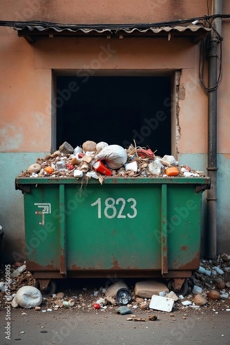 Overflowing dumpster behind a dilapidated building, overflowing with trash and debris, depicting urban decay and poverty ,  junk,  societal,  chaotic