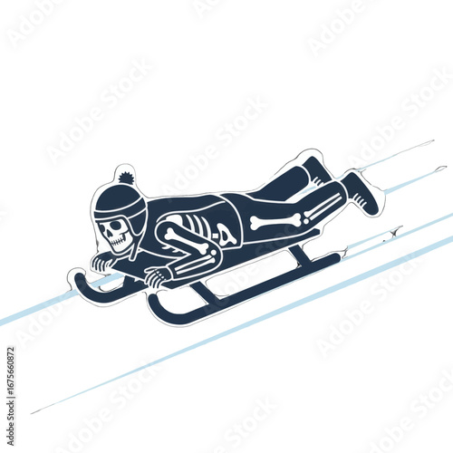 A skeleton figure glides down a snowy slope on a sled, a winter scene of fun and whimsy.