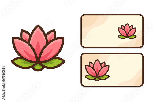 Lotus flower logo and business card design set. Vector template for brand identity. For yoga studio, spa, wellness center, beauty salon. Floral nature symbol concept.