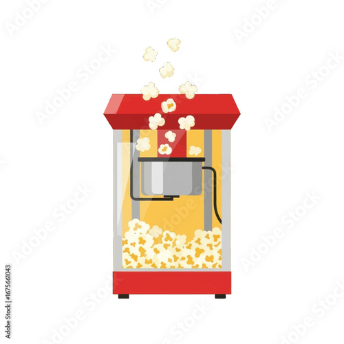 A vibrant depiction of a popcorn machine, showcasing popcorn spilling from the top, against a stark black background.
