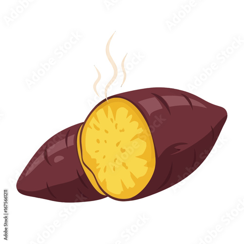 Two halves of a sweet potato, steaming and displaying a bright yellow interior, are depicted against a dark background.