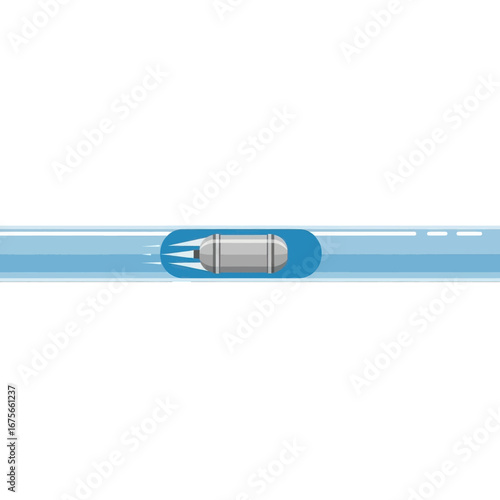 A cylindrical object is shown in a horizontal, light-blue tube with subtle, light-blue lines suggesting speed.