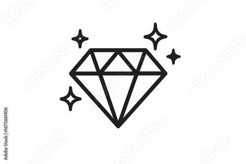 Modern minimalist shining diamond logo. Vector line art icon. Precious brilliant gem stone with sparkles. Luxury crystal jewelry symbol for wealth and success concept.