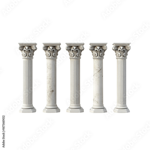 5 different decorative columns in the style of ancient greek architecture, on a transparent background