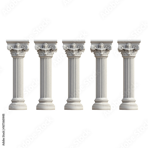 5 different decorative columns in the style of ancient greek architecture, on a transparent background