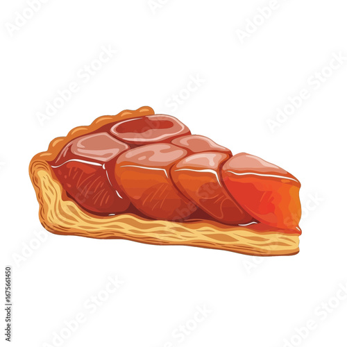 A delectable slice of warm caramel tart, showcasing a rich, golden-brown pastry crust and glistening, amber-colored filling, against a stark black background.