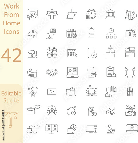 Work from home icon set containing remote working, remote monitoring, freelance, hybrid work, planning, coffee, tablet, video conferencing, digital nomad, office, work at home and more. Editable line 