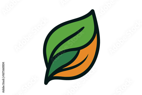 Leaf logo icon for nature, ecology, and organic concepts. Vector plant symbol in green and orange. Abstract design element for bio, environment, and wellness branding. Simple clean icon.