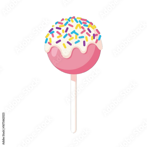 A delightful, round, pink lollipop, drizzled with white icing, and sprinkled with colorful sprinkles, stands out against a black backdrop.