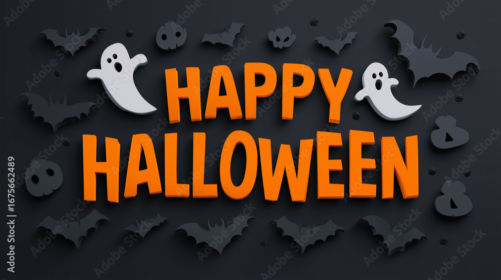 Obraz premium Happy Halloween design : A festive Halloween graphic, featuring the phrase Happy Halloween amidst a spooky assortment of bats, ghosts, and pumpkins. perfect for conveying holiday spirit. 