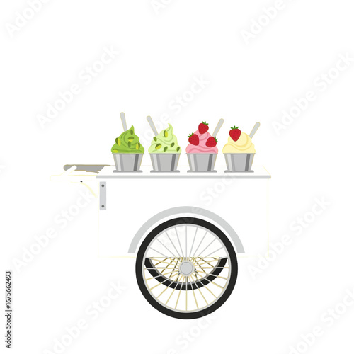 A simple, flat illustration of an ice cream cart displaying various flavors of gelato.