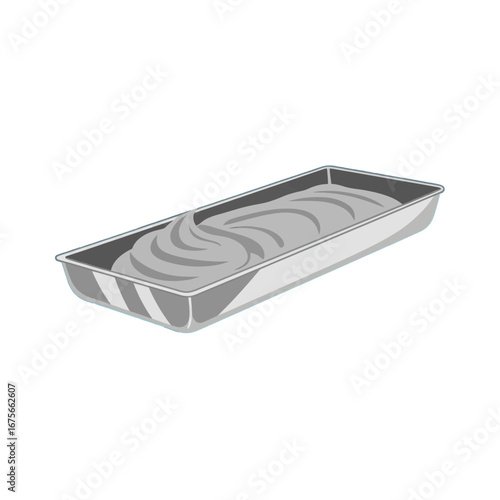A gray substance fills a rectangular metal tray, displaying a smooth texture.