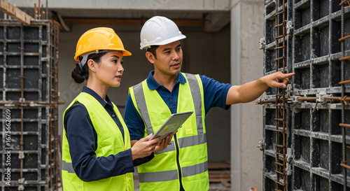 Two construction workers in safety vests and helmets discussing a building project on site.