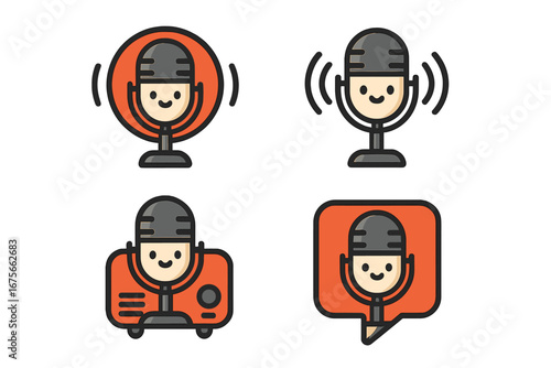 Set of cute microphone character mascots for podcast and radio logo design. Vector cartoon illustration icons for broadcasting, streaming, audio recording, and communication.