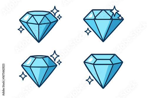 Set of shining diamond cartoon icons. Vector illustration for logo design. Precious gem, jewel, and brilliant stone graphic elements. Isolated on transparent background.