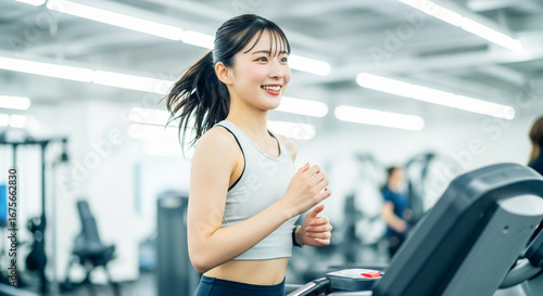スポーツジムでランニングをする女性