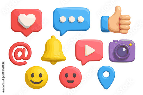 3D social media icons set. Cute cartoon plasticine style. Notification, like, comment, emoji, follower. UI UX kit for web, mobile app design. Digital marketing symbols.