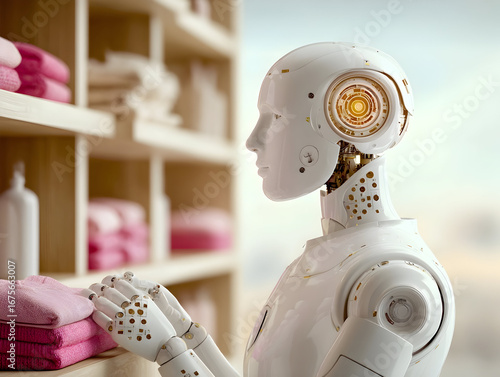 Robotic assistant organizing clothing merchandise, showcasing technological innovation transforming retail workspace with precise mechanical movements algorithmic efficiency