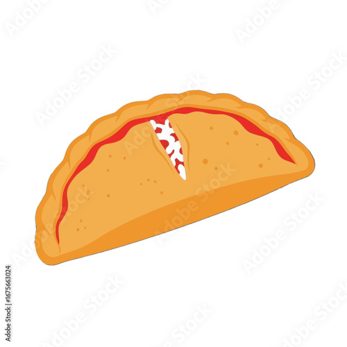 A colorful, flat illustration of a savory pastry with a flaky crust and a filling.