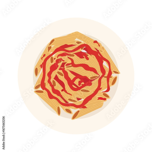 A high-angle, detailed view of penne pasta, generously coated with a vibrant red tomato sauce, on a white plate.