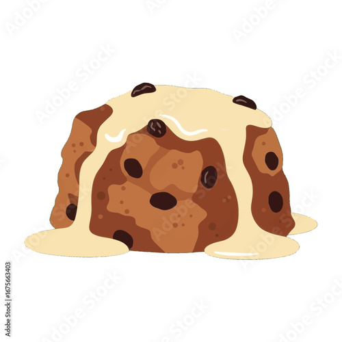 A delectable illustration of a rich, moist fruit cake, generously drizzled with a creamy sauce.