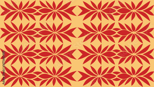 Seamless vector pattern of vintage red flowers on a damask tile wallpaper with a retro floral textile design