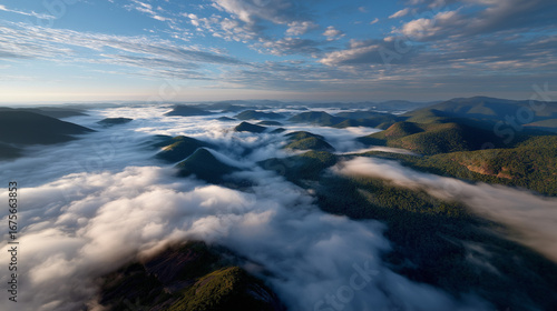Dramatic aerial view of mountaintops floating like islands above thick cloud cover at daybreak.