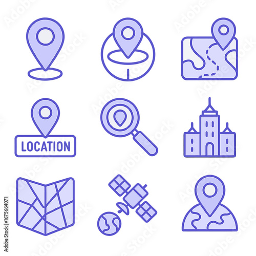 Purple geolocation icons set for mapping and navigation concepts