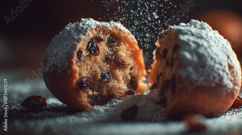 Close-up broken oliebol with raisins dusted with powdered sugar.