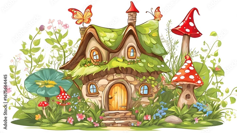 Fototapeta premium Illustration of a fairy house in the garden with mushrooms and butterflies, showing magical whimsical atmosphere, colorful fantasy folklore and enchanted scenery