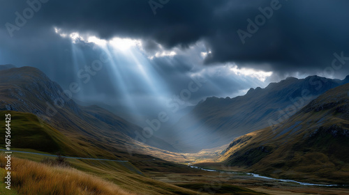 Dynamic shot with clouds sweeping between mountain passes, illuminated by beams of light breaking through.