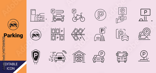 Car parking icons represent different locations, services, and regulatory signs in a simple outline