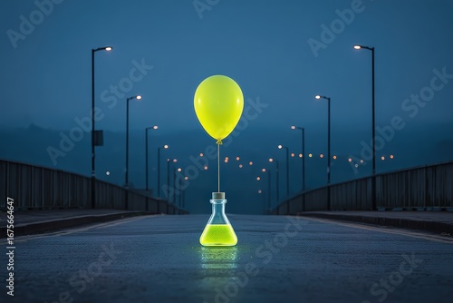 Bright Yellow Balloon Floating Above a Laboratory Flask on a Bridge at Night