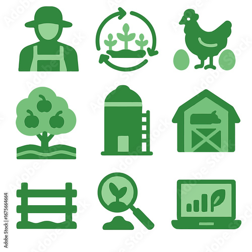 Sustainable farming icons set featuring eco-friendly agriculture elements in green