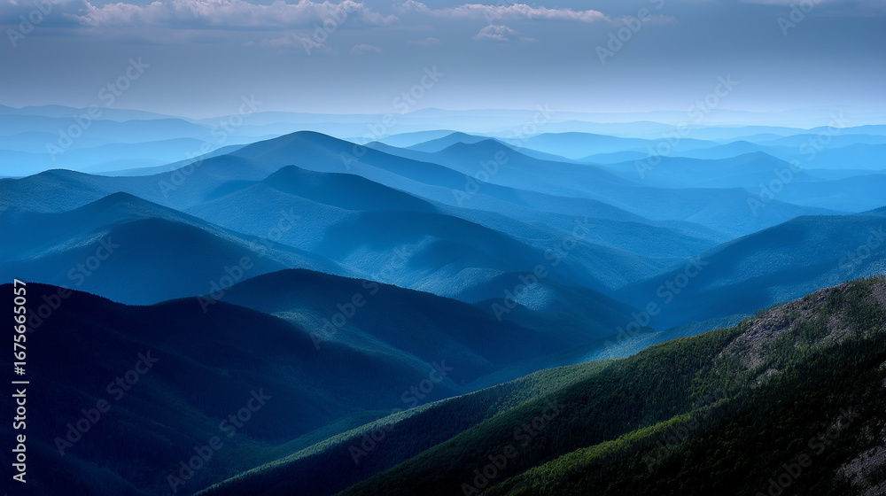 Obraz premium Mountain ridges forming a zigzag pattern, each layer darker in the foreground and lighter toward the horizon.
