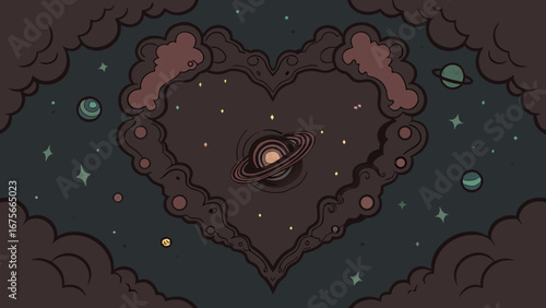 Cosmic heart shape made of stars and planets in dark sky  