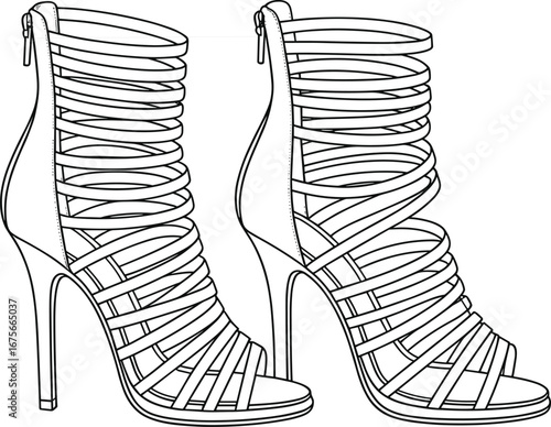 High heel stiletto sandal illustration, open toe, strappy design, cage style, fashion footwear, stylish women’s shoe, tall heel, elegant accessory, evening wear, trendy design