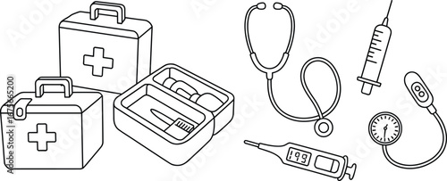 Medical equipment and first aid kit illustration, stethoscope, syringe, thermometer, blood pressure gauge, healthcare tools, emergency supplies, hospital instruments, diagnostic devices
