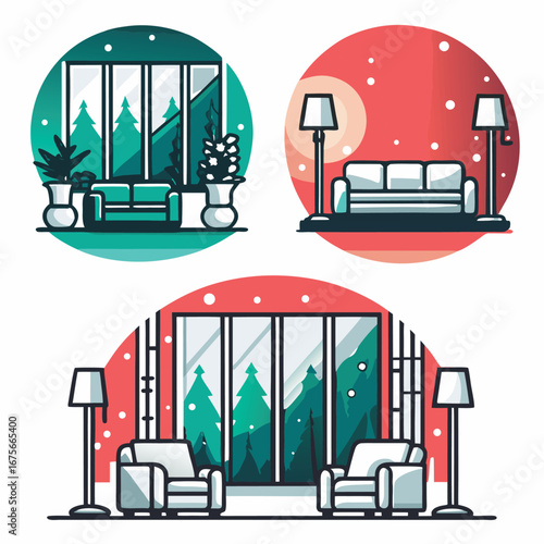 Cozy rooms with snowy scenery inside circles